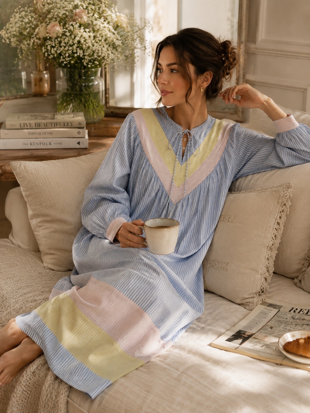 Vintage Sanbury Pastel Seersucker House Coat -EUC -Cottagecore